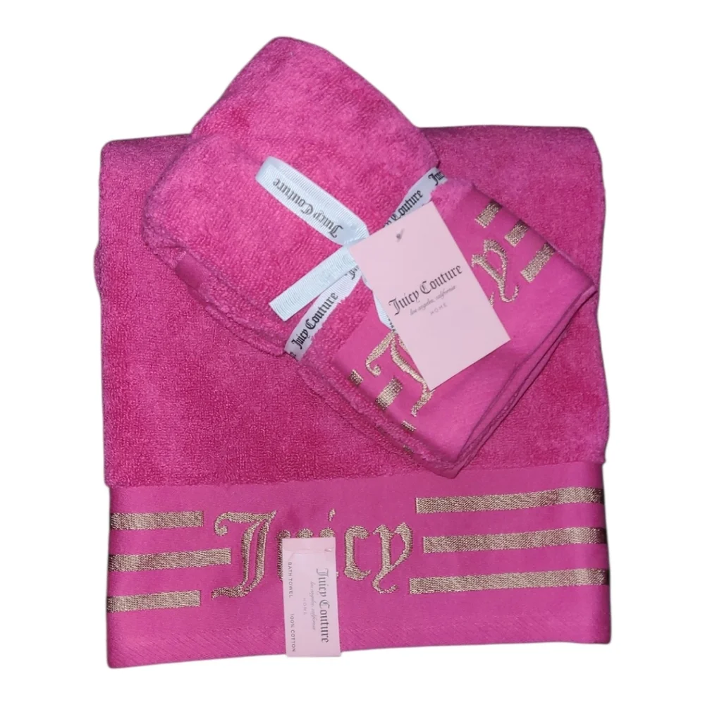Juicy Couture Vibrant Pink Towel Set with Gold Accents